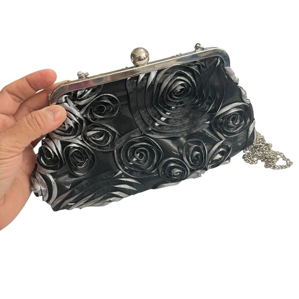 ICING Black Rose Floral Evening Bag Silver chain, Rhinestone Purse Clutch - Picture 6 of 12
